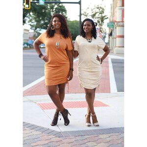 French Terry Tshirt Midi Dress with Draw Strings in Oatmeal and Copper